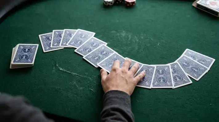 يد ترتب أوراق لعب مقلوبة على طاولة خضراء